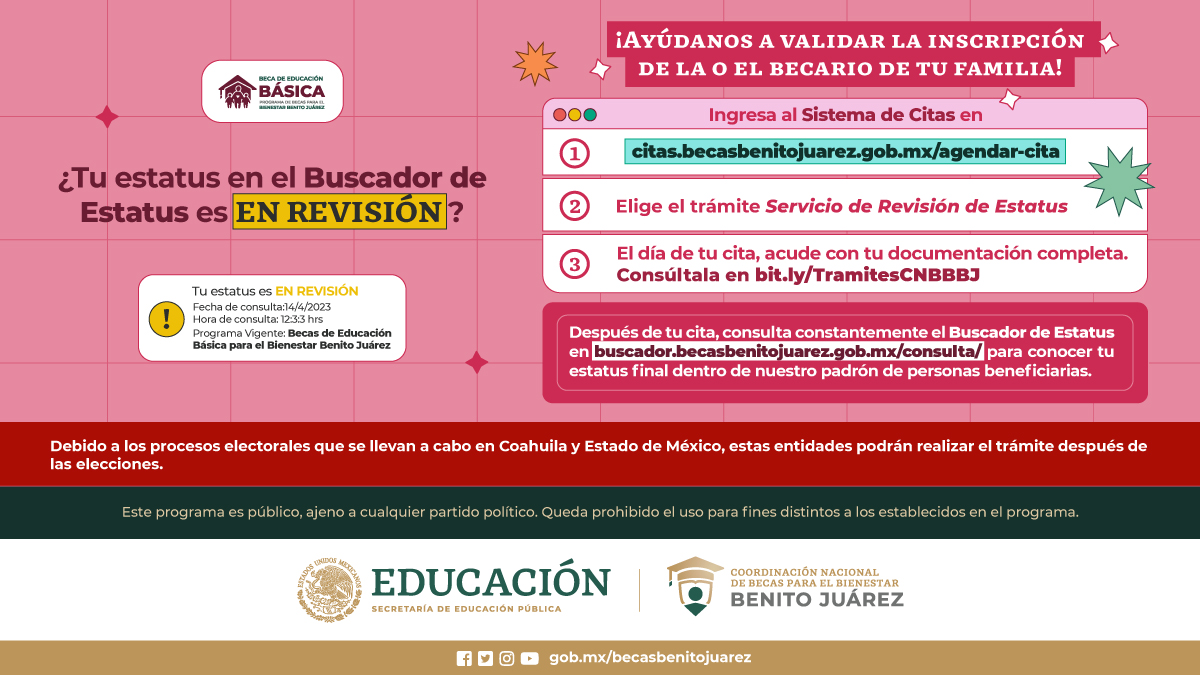 Familia de #EducaciónBásica 👧👦

Si tu estatus en el #BuscadorDeEstatus es 𝗘𝗡 𝗥𝗘𝗩𝗜𝗦𝗜Ó𝗡, ¡ayúdanos a validar la inscripción de la o el becario de tu familia! ✅

Agenda una cita en nuestro #SistemaDeCitas 👉 citas.becasbenitojuarez.gob.mx