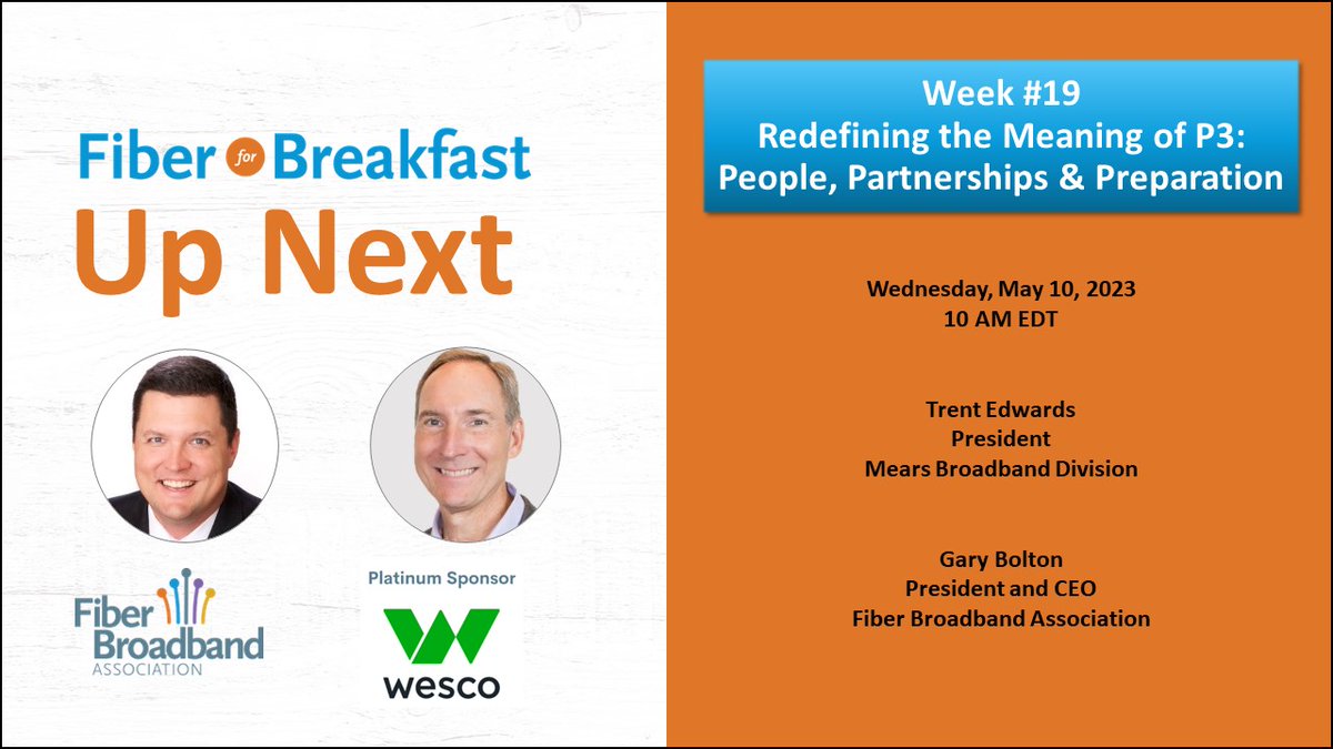 fiberbroadband's tweet photo. The @MearsGroupInc is redefining the meaning of #P3 as far as #broadband is concerned. 

Tune into #FiberforBreakfast this week to discuss P3: People, Partnerships, &amp; Preparation.

Learn more and register: https://t.co/MoeagwHoHd https://t.co/jzUqZWOdwc