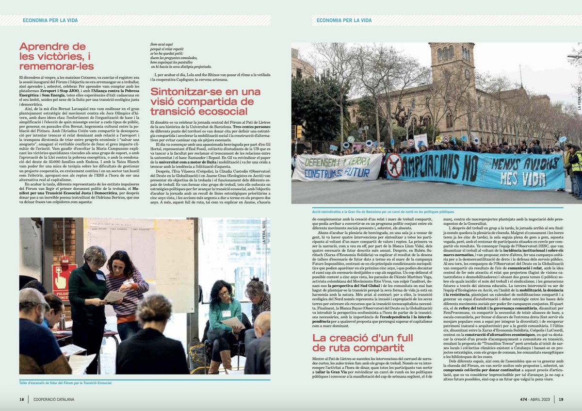 Fa algunes setmanes vam assistir al #FòrumTransicióEcosocial per confluir amb altres organitzacions i moviments socials que treballen per un futur just i democràtic.

📰Ara podeu llegir una bona crònica a la revista #CooperacióCatalana de <a href="/rocagales/">rocagales</a>!