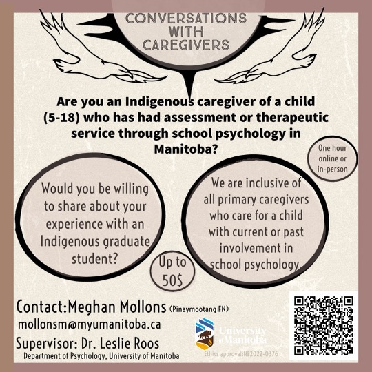 HeartsMindsLab's tweet photo. Are you an Indigenous caregiver caring for a child aged 5-18 years old who has current or past 
involvement receiving assessments or therapeutic services through a school psychologist in 
Manitoba?
Eligibility: https://t.co/fpmKjqcJdb
Email mollonsm@myumanitoba.ca for more info https://t.co/xycbBdqP0A