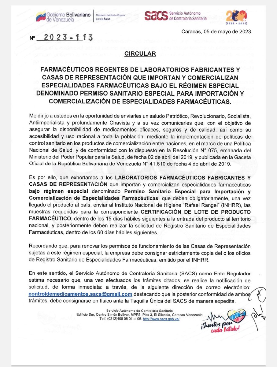 fefarven's tweet photo. #SACS #CIRCULAR 2023-113 FARMACÉUTICOS REGENTES DE LABORATORIOS FABRICANTES Y CASAS DE REPRESENTACIÓN QUE IMPORTAN Y COMERCIALIZAN ESPECIALIDADES FARMACÉUTICAS.
RÉGIMEN ESPECIAL DENOMINADO PERMISO SANITARIO ESPECIAL PARA IMPORTACIÓN Y COMERCIALIZACIÓN DE ESP. FARMACÉUTICAS. https://t.co/4h5l3WY4Ms