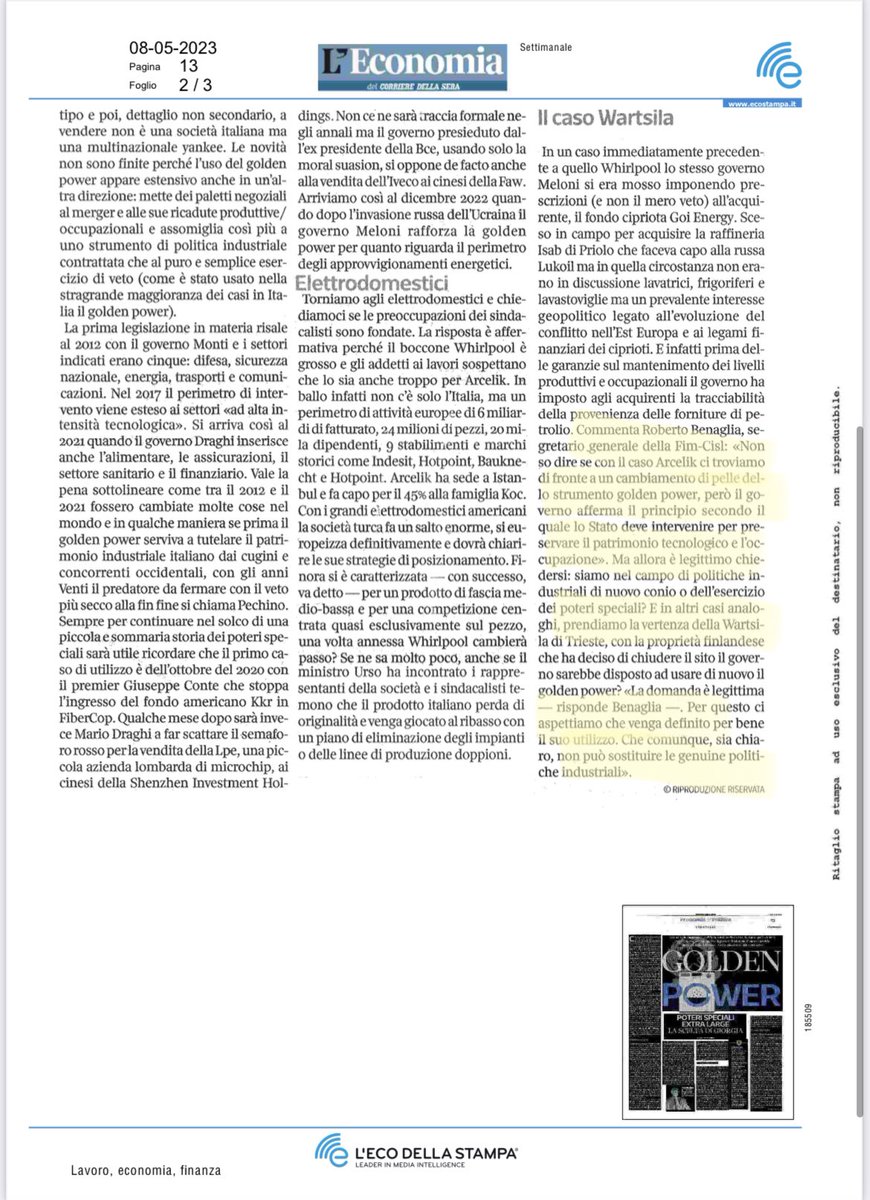 FIMCislStampa's tweet photo. Su @L_Economia 🗞️ @dariodivico su Golden Power annunciata dal governo su Arcelik #Benaglia👉non so se ci troviamo di fronte ad un cambiamento GP,però il governo afferma il principio secondo il quale, lo Stato deve intervenire per preservare il patrimonio tecnologico e industriale https://t.co/1bauzrVqye
