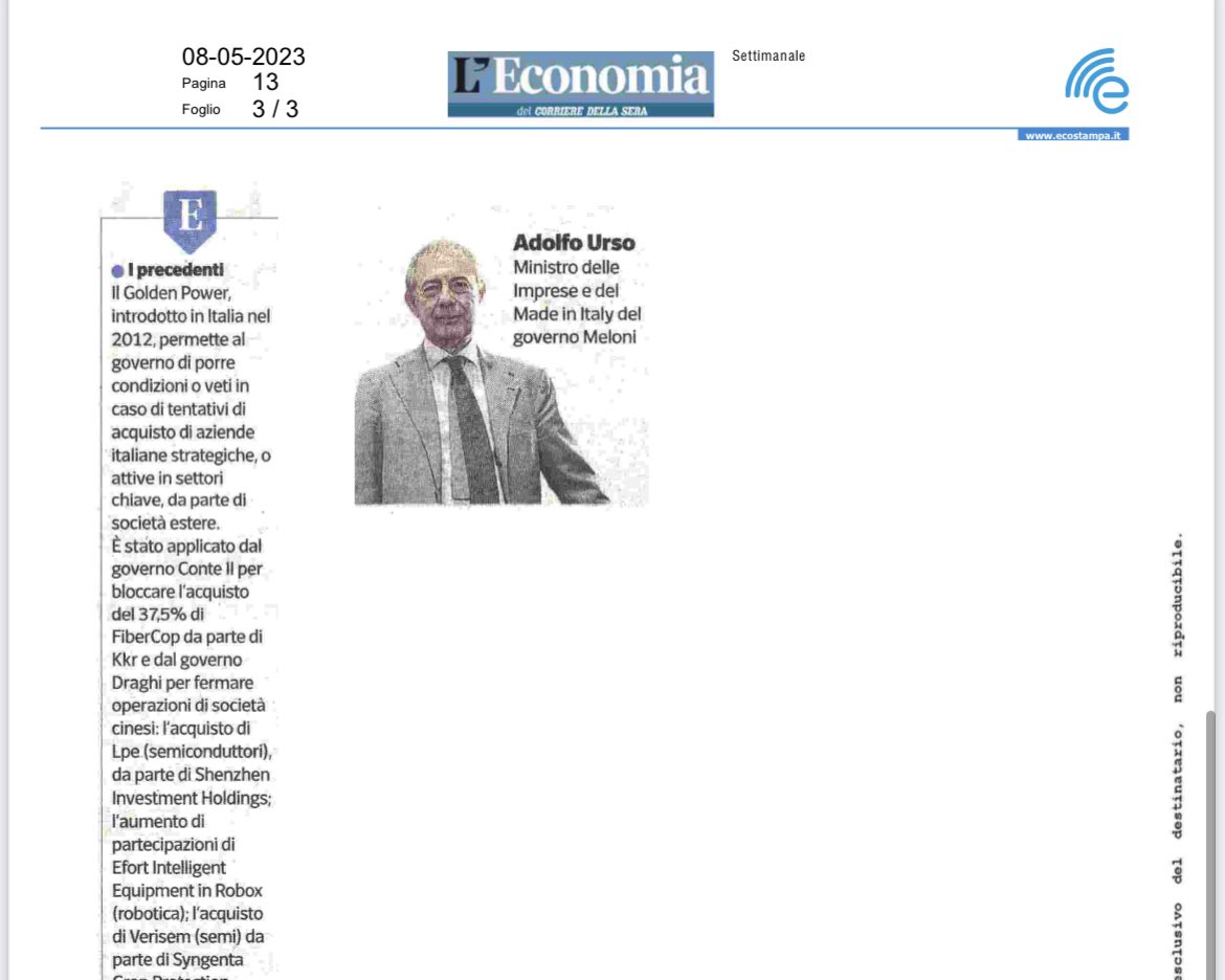 FIMCislStampa's tweet photo. Su @L_Economia 🗞️ @dariodivico su Golden Power annunciata dal governo su Arcelik #Benaglia👉non so se ci troviamo di fronte ad un cambiamento GP,però il governo afferma il principio secondo il quale, lo Stato deve intervenire per preservare il patrimonio tecnologico e industriale https://t.co/1bauzrVqye
