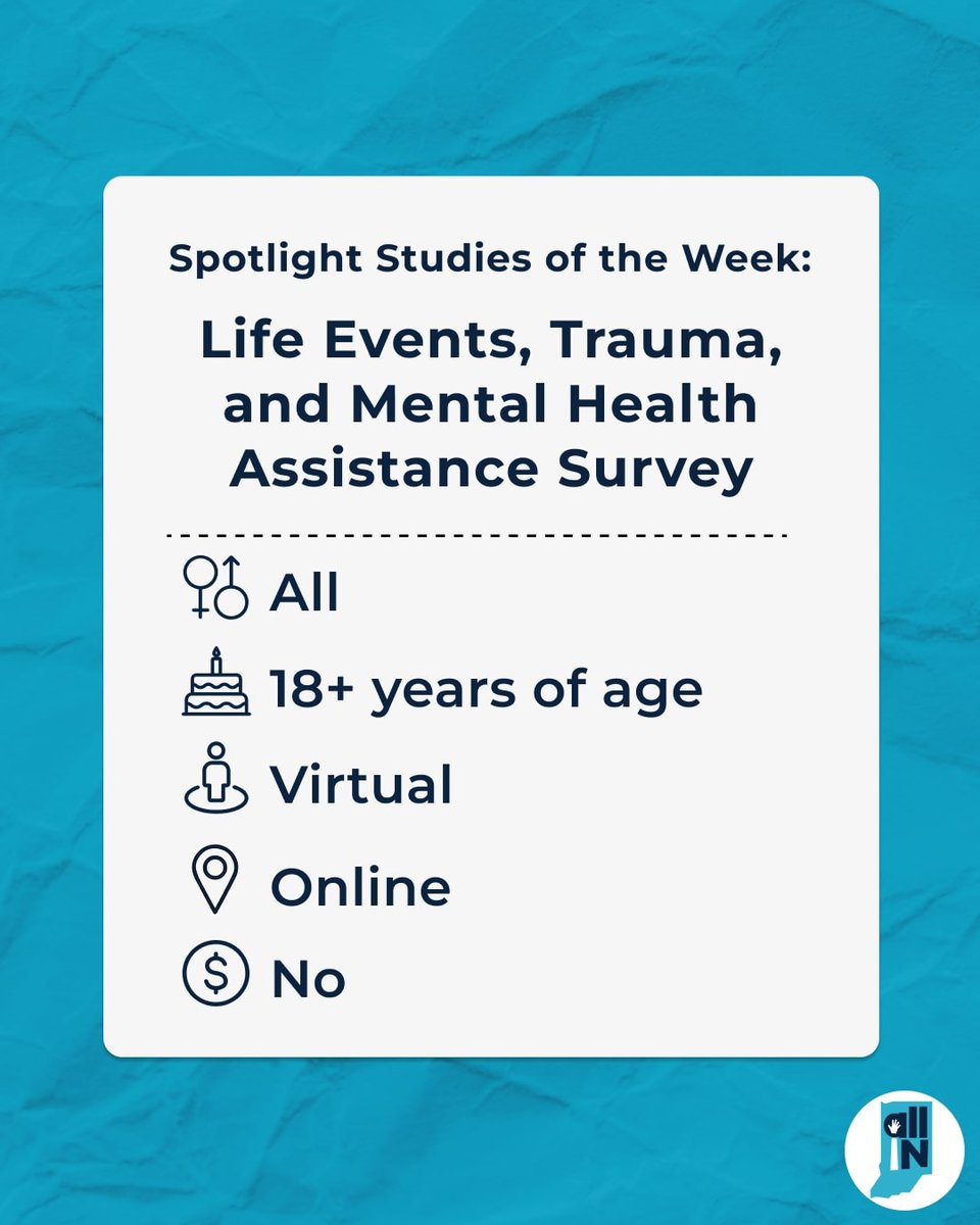 beAllIN4Health's tweet photo. From online to in-person, there are many different ways to volunteer to help advance research! Find out more about this study and others at https://t.co/V2gn28OZCW.

#AllINforHealth #Indiana #HeathyIndiana #HealthResearch #ResearchStudy #Research #MentalHealth https://t.co/Fmh2AnyYRt