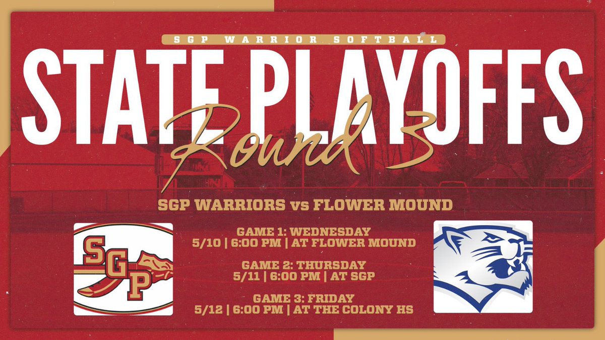 SGP Softball (@softballsgp) on Twitter photo 🔥🔥🔥Regional Quarterfinals🔥🔥🔥
PACK THE STANDS WARRIOR NATION!!
#ALLIN #OwnIt #underdogseason
@booster_sgp_SB <a href="/SGPHS/">South Grand Prairie</a> <a href="/sgpsports/">SGP Sports</a> <a href="/DMNGregRiddle/">Greg Riddle</a> <a href="/DFWfastpitch/">DFW Fastpitch</a> <a href="/Gosset41/">Brian Gosset</a> <a href="/TX6Asoftball/">Texas High School 6A Softball</a> <a href="/TXPrepSoftball/">Texas Prep Softball</a> 🔥🔥🔥Regional Quarterfinals🔥🔥🔥
PACK THE STANDS WARRIOR NATION!!
#ALLIN #OwnIt #underdogseason
@booster_sgp_SB <a href="/SGPHS/">South Grand Prairie</a> <a href="/sgpsports/">SGP Sports</a> <a href="/DMNGregRiddle/">Greg Riddle</a> <a href="/DFWfastpitch/">DFW Fastpitch</a> <a href="/Gosset41/">Brian Gosset</a> <a href="/TX6Asoftball/">Texas High School 6A Softball</a> <a href="/TXPrepSoftball/">Texas Prep Softball</a>