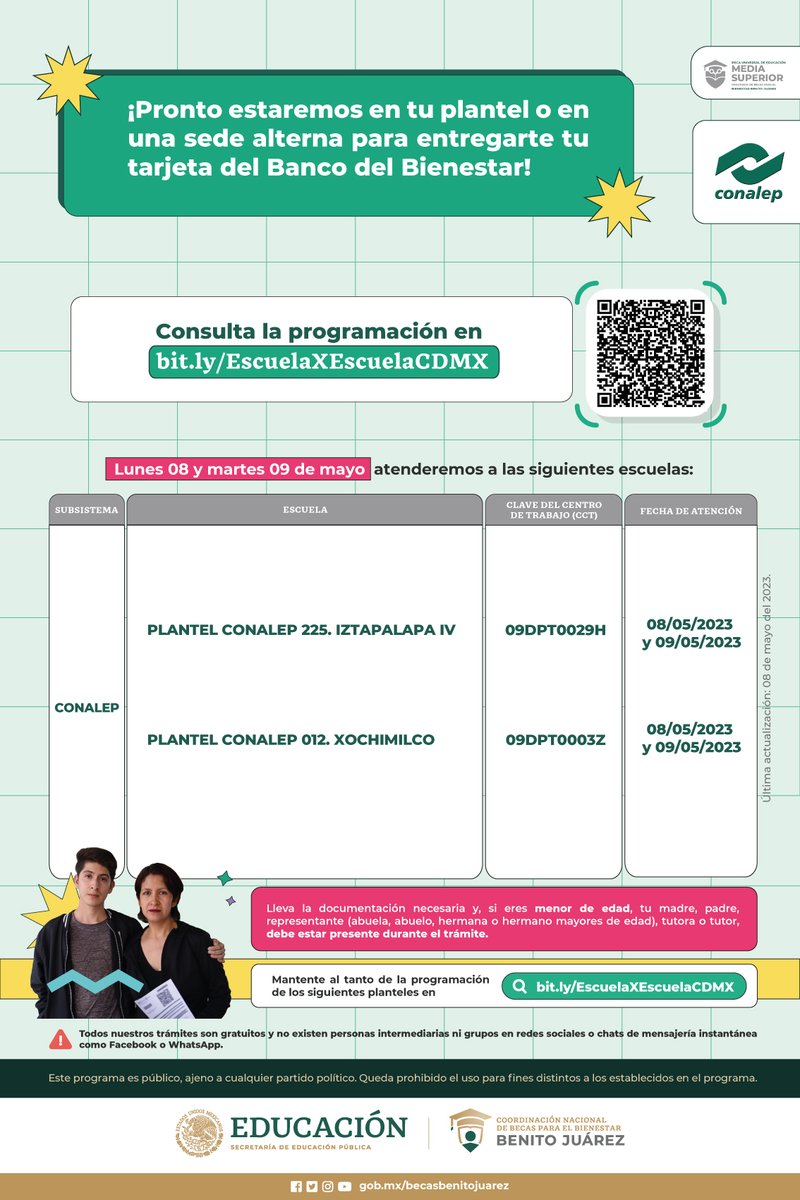 Los días 𝗟𝗨𝗡𝗘𝗦 𝟬𝟴 𝘆 𝗠𝗔𝗥𝗧𝗘𝗦 𝟬𝟵 𝗗𝗘 𝗠𝗔𝗬𝗢 atenderemos planteles de <a href="/CONALEP_Mex/">CONALEP</a>, DGB (CAED) y UEMSTAYCM 💳

+ info en bit.ly/EscuelaXEscuel…