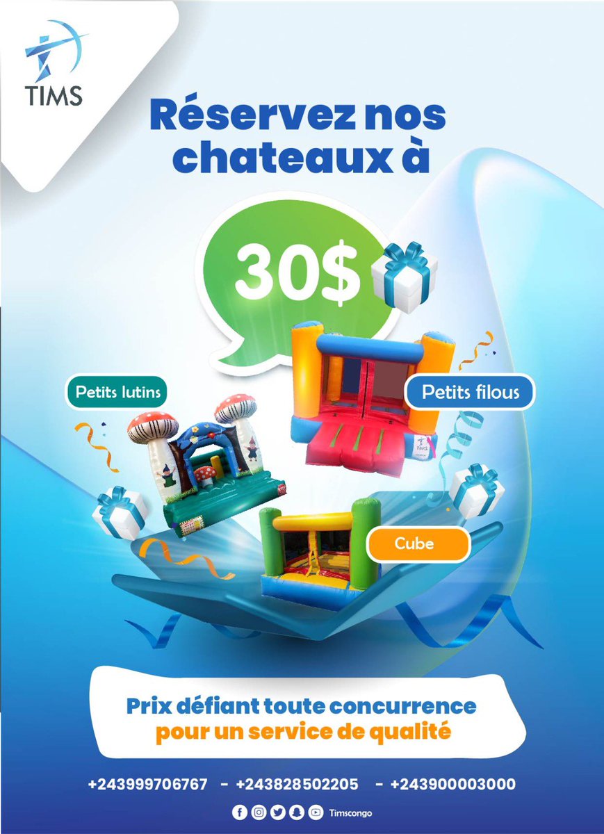 timscongo's tweet photo. Profitez de nos promotions sur nos différents châteaux tout frais inclus avec un service de qualité et ponctuelle à partir de 30$ seulement.

Info &amp; réservation: +243999706767 - 828502205 - 810000739

PS: Offre valable uniquement dans la ville de Kinshasa. https://t.co/Mzrn5Jqes3