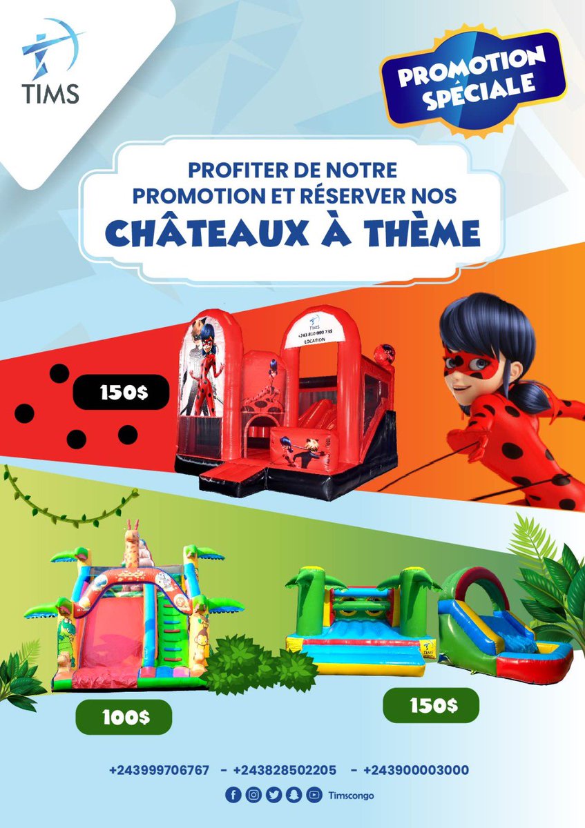 timscongo's tweet photo. Profitez de nos promotions sur nos différents châteaux tout frais inclus avec un service de qualité et ponctuelle à partir de 30$ seulement.

Info &amp; réservation: +243999706767 - 828502205 - 810000739

PS: Offre valable uniquement dans la ville de Kinshasa. https://t.co/Mzrn5Jqes3