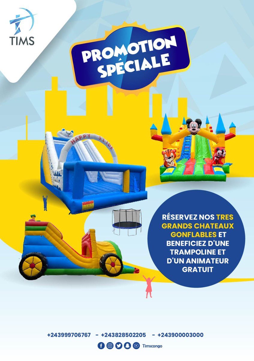 timscongo's tweet photo. Profitez de nos promotions sur nos différents châteaux tout frais inclus avec un service de qualité et ponctuelle à partir de 30$ seulement.

Info &amp; réservation: +243999706767 - 828502205 - 810000739

PS: Offre valable uniquement dans la ville de Kinshasa. https://t.co/Mzrn5Jqes3