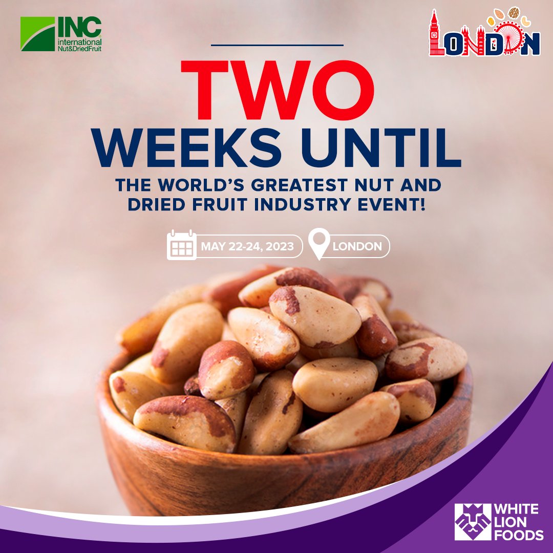 whitelionfoods's tweet photo. 📢Just 2 WEEKS until INC XL World Nut and Dried Fruit Congress, London!
We’re getting ready to join the INC for the world’s greatest nut and dried fruit industry event.
Who’s going? We can’t wait to see you there!
#NutfruitCongress #WhiteLionFoods
#AmazonNuts #BrazilNuts https://t.co/YzFsYG9M3V