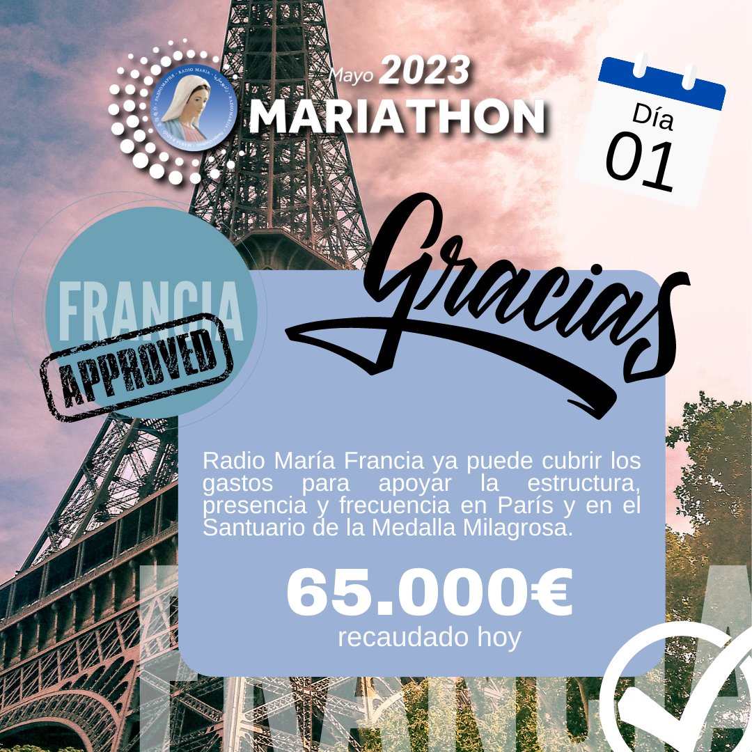 🎉 ¡PRIMER PROYECTO SUPERADO! 🎉
RADIO🌐MARÍA ya podrá estar presente en todo el territorio parisino con presencia en el Santuario de Ntra. Sra. de La Milagrosa. <a href="/RadioMariaFr1/">RadioMariaFrance</a> 

🤗 ¡GRACIAS! Qué no pare esta #Mariathon23. Atento al próximo objetivo.