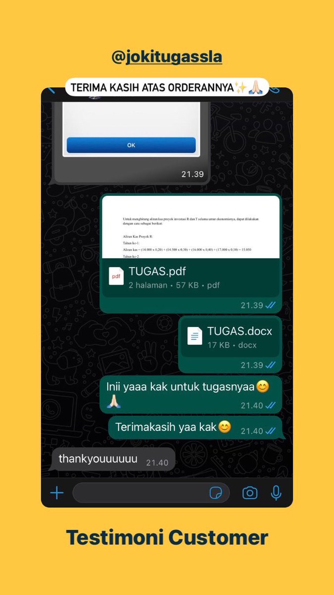 jokitugassla's tweet photo. [Testimoni Customer]

#jokitugas #jokiketik #jokitugaskuliah #jokitugassekolah #jokiketiktugas #jokitugascepat #jokitugasmurah #tugasnumpuk #tugasonline #jokitugasberkualitas #jokitugasketikterpercaya #jokitugassla https://t.co/X8S8elGroN