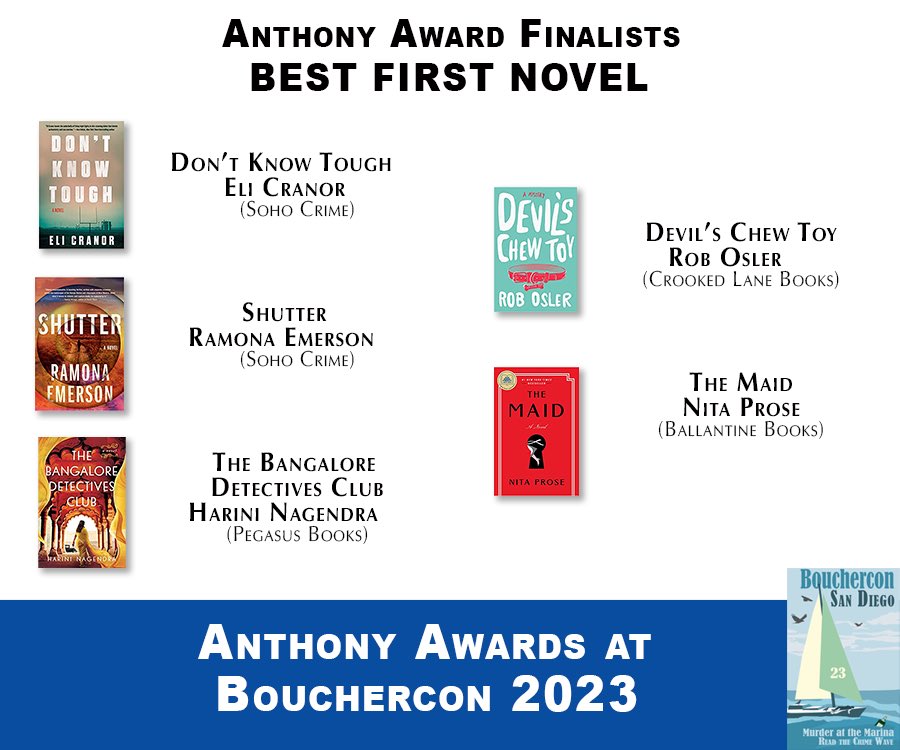 Loudmouthkid62's tweet photo. The #AnthonyAward #Finalists
#BestFirstNovel
Congratulations
@elicranor
@reelindian
@HariniNagendra
@RobOsler
@NitaProse!!!
#Bouchercon2023 /4 https://t.co/h4MhwE4tLK