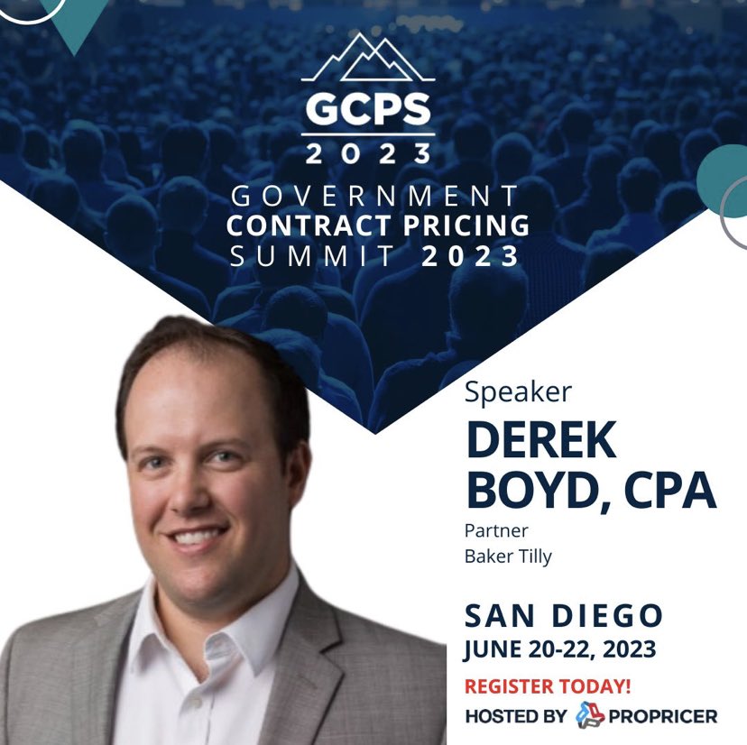 GCPSummit's tweet photo. Come listen to Derek Boyd, CPA, Partner at @BakerTillyUS as he presents at the 2023 #GCPSummit in San Diego.

Register today at https://t.co/8n2ZXaKTew

#governmentcontracting #pricing #presenter #govcon #bakertilly https://t.co/NRFTC2yYzR