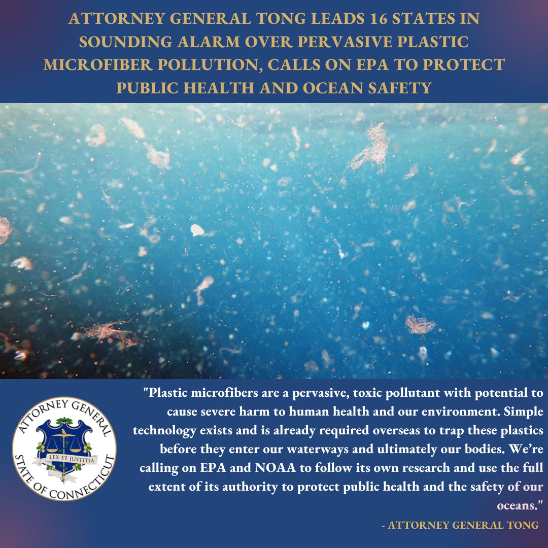 AGWilliamTong's tweet photo. Today I led a coalition of 16 states in sending a letter to the @EPA and the National Oceanic and Atmospheric Administration sounding the alarm over pervasive plastic microfiber pollution &amp; urging these agencies to use their full authority to protect public health and our oceans. https://t.co/JN9W4F5Aem
