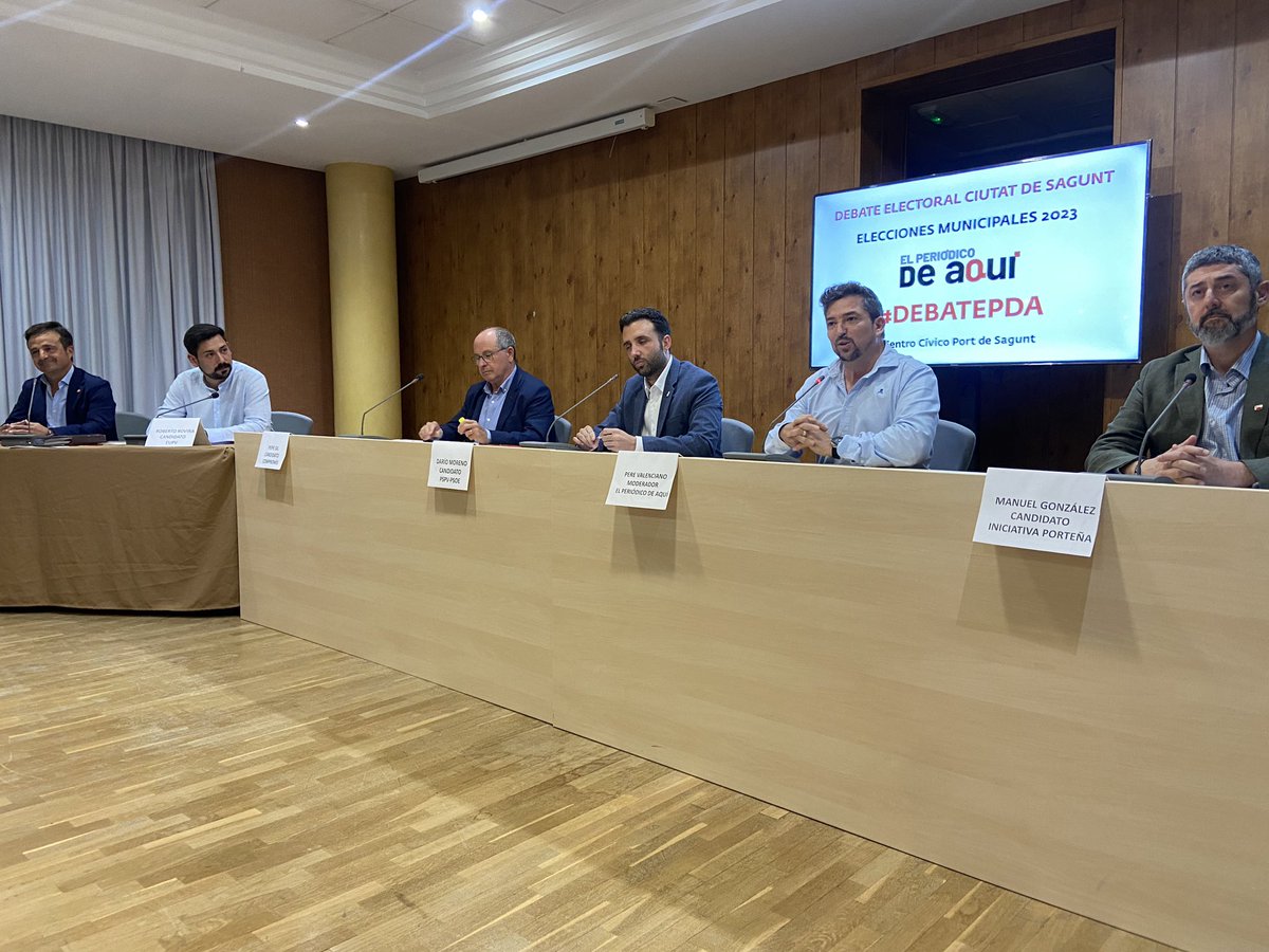 El Periódico de Aquí del Camp de Morvedre (@aquimorvedre) on Twitter photo 🗳️ #DEBATEPDA
🗣️ Arranca el debate electoral con los candidatos a la Alcaldía de #Sagunt con representación
▪️ <a href="/psoesagunto/">PSOE Sagunto</a>
▪️ <a href="/CompromisSagunt/">Compromís Sagunt</a>
▪️ <a href="/elpuertoexiste/">Iniciativa Porteña</a>
▪️ <a href="/PPSagunto/">PP Sagunto</a>
▪️ <a href="/EUPVSagunt/">EUPV Sagunt</a>
▪️ <a href="/Cs_Sagunto_/">Cs Sagunto</a>
▪️ <a href="/SaguntoVox/">Vox Sagunto</a>
📍 Centro Cívico del Port de Sagunt 🗳️ #DEBATEPDA
🗣️ Arranca el debate electoral con los candidatos a la Alcaldía de #Sagunt con representación
▪️ <a href="/psoesagunto/">PSOE Sagunto</a>
▪️ <a href="/CompromisSagunt/">Compromís Sagunt</a>
▪️ <a href="/elpuertoexiste/">Iniciativa Porteña</a>
▪️ <a href="/PPSagunto/">PP Sagunto</a>
▪️ <a href="/EUPVSagunt/">EUPV Sagunt</a>
▪️ <a href="/Cs_Sagunto_/">Cs Sagunto</a>
▪️ <a href="/SaguntoVox/">Vox Sagunto</a>
📍 Centro Cívico del Port de Sagunt