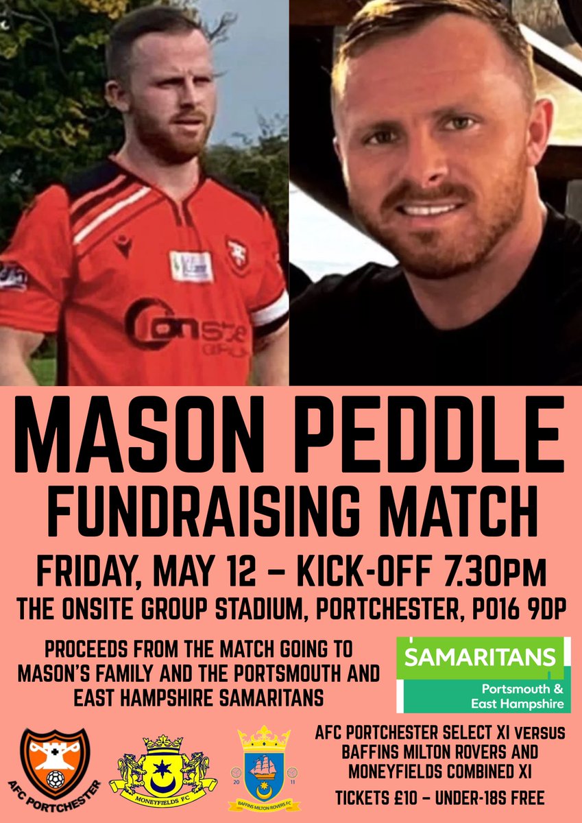 We'll be remembering Mason Peddle this Friday with a special fundraising match. @afcportchester @MONEYFIELDSFC and @BMRFC players involved in what will be very special evening. Kick-off 7.30pm at The OnSite Group Stadium - no advance tickets, pay on the day for all spectators.