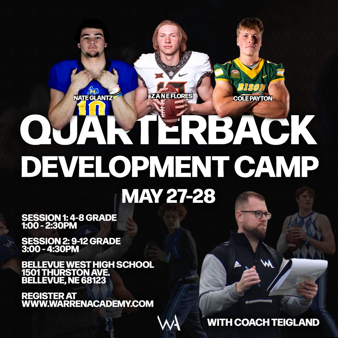 Warren_Academy's tweet image. We will be hosting a two-day QB Development Camp at the end of the month. 
To register and find more information, visit warrenacademy.com!
#FootballCamp #QB #AthleteDevelopment #OmahaNe