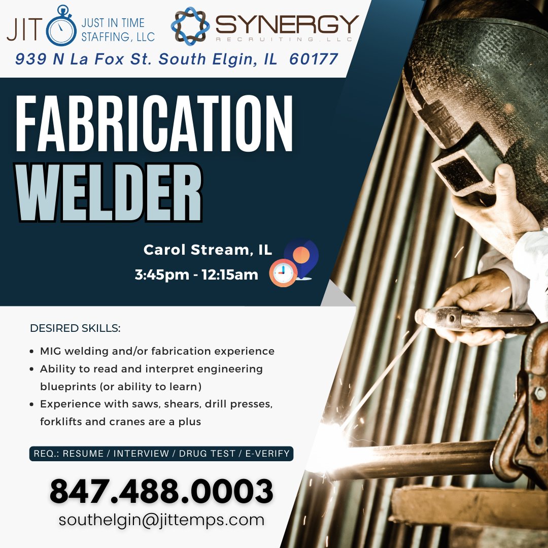 The primary tasks of the Fabrication Welder involve building machine frames and  components out of structural steel, followed by tearing down completed machines to prepare for  transport. 

Contact us now for more info

 #welder   #carolstream   #westaffbetter   #jitsynergy