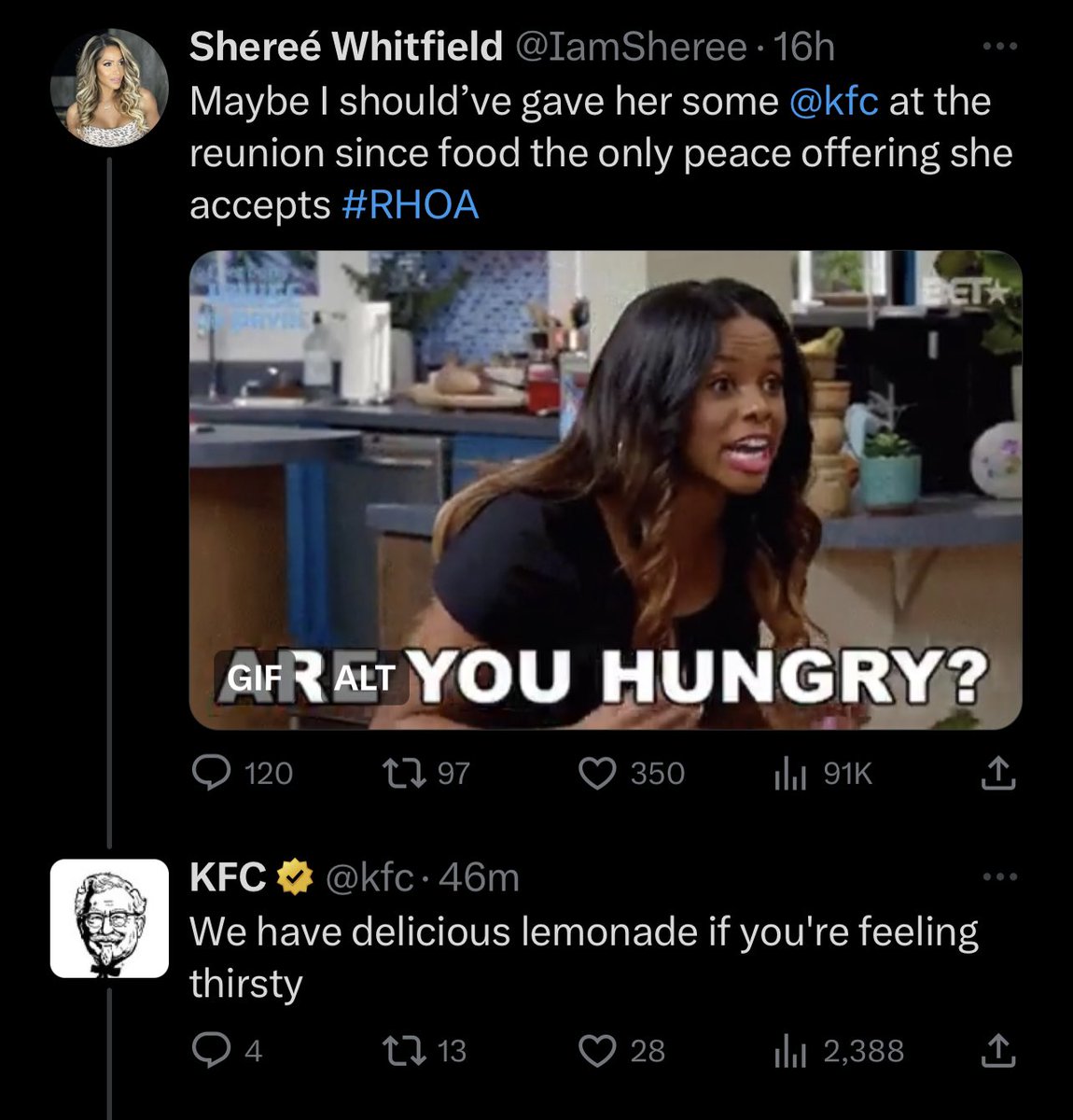 LookAtDustin's tweet photo. LMAO 

KFC CHECKED SHEREE WHITFIELD ABOUT HER TWEETS HATING ON KANDI LAST NIGHT

#RHOA https://t.co/NW1cORpyns