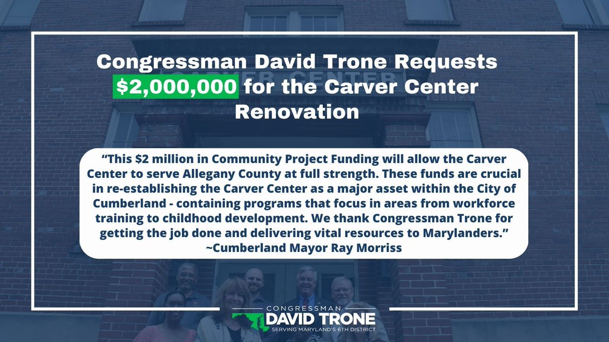 RepDavidTrone's tweet image. First up is my $2 million #CommunityProjectFunding request for the Carver Center through @AppropsDems. This funding will provide folks in Cumberland with workforce development training — making it easier for folks to get jobs and provide for their families.