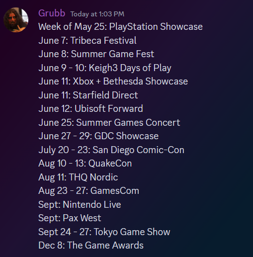 RT @JeffGrubb: Jeff Grubb's Summer Game Mess has an update. That timing on PlayStation Showcase is right as of now. https://t.co/90EmeI2xY5