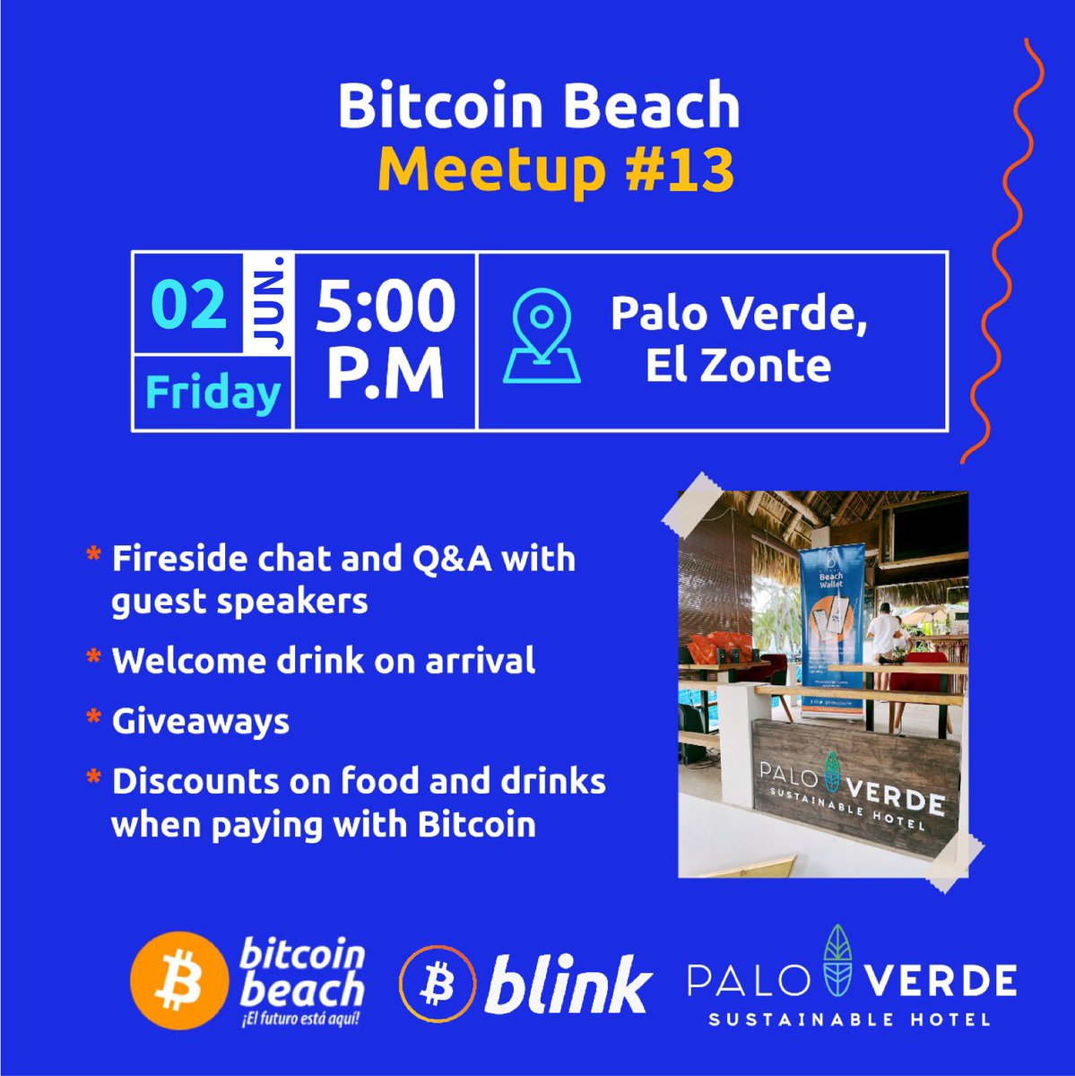 Our next <a href="/Bitcoinbeach/">Bitcoin Beach</a> meetup of 2023 is next Friday June 02th at 5pm!!

Free welcome drink, giveaways (t-shirts, hats, Blockstream Jade cold wallets), mingling and much more!

Thanks to <a href="/blinkbtc/">Blink Wallet</a> 
See you at <a href="/paloverde_hotel/">Palo Verde Sustainable Hotel</a>!

Register for free to get in
eventbrite.com/e/bitcoin-beac…