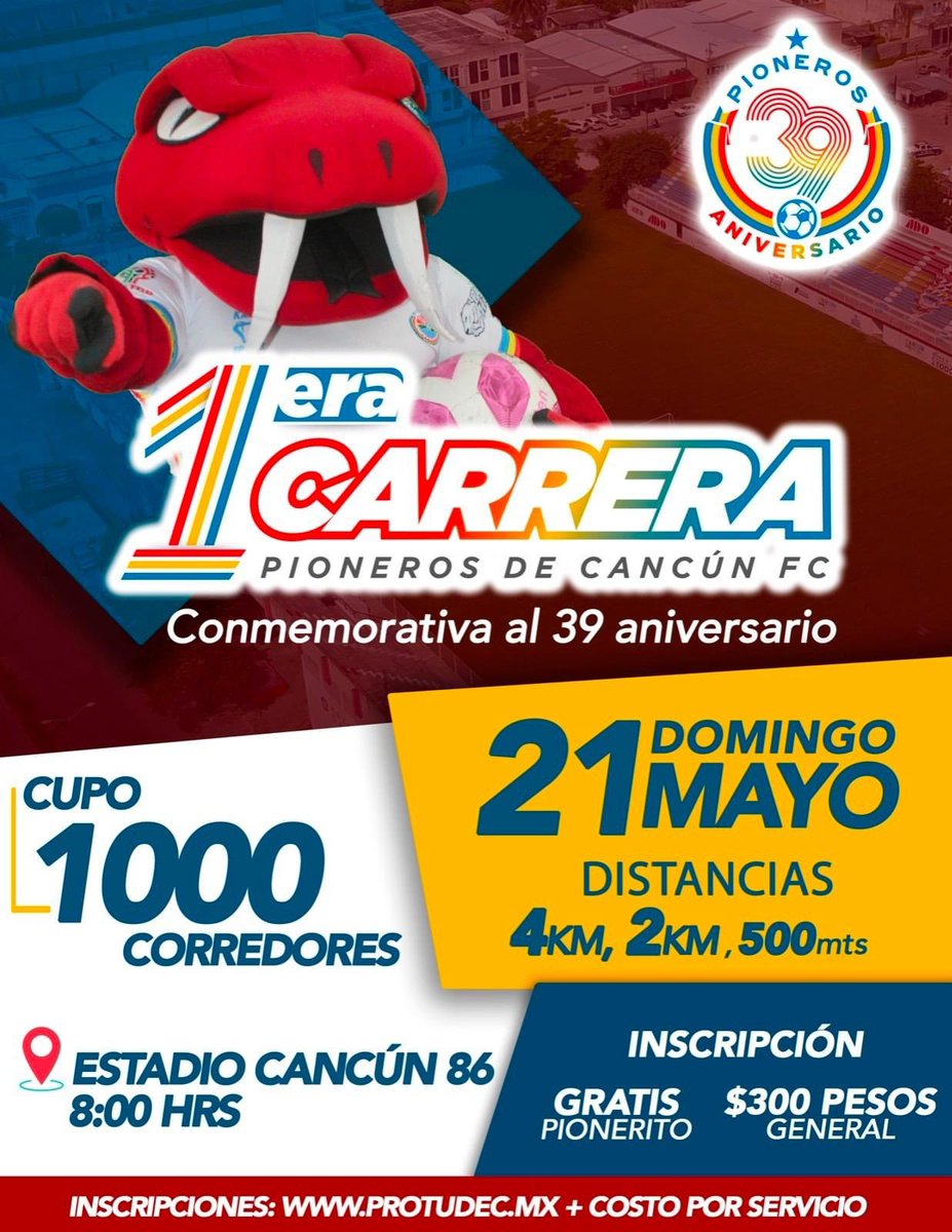 ¡Ya puedes inscribirte a la Primera Carrera Pionera!🐍

Celebremos juntos el 39 Aniversario de nuestro querido Club Pioneros con la mejor carrera en el mejor ambiente familiar 🥳👏

☑️Distancias 500m, 2km y 4 km
☑️Costo de inscripción: $300 mxn
👉🏽 tinyurl.com/yc7yp5a8
