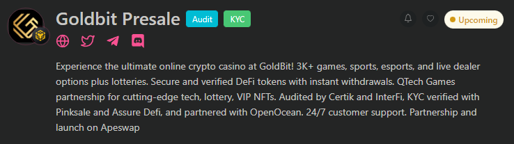 🎉 Exciting news! 🎉 Our GoldBit Token $GOLD is now listed on #Pinksale! Our official launch is on May 12th, and we couldn't be more thrilled!  #GoldBitToken  $BNB $VAI $OOE $JEFF $PEPE $BTC #1000XGEM 

pinksale.finance/launchpad/0x0B…