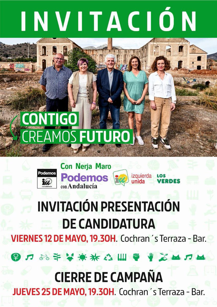 PodemosNerja's tweet photo. Os invitamos a los actos de campaña que hemos organizado para las elecciones municipales del #28M. 

Este viernes 12 de mayo, a partir de las 19,30h, en la terraza Cochran’s de Nerja, para conocer a los miembros de nuestra candidatura. 

💜Os esperamos https://t.co/VtqhGBJXRj