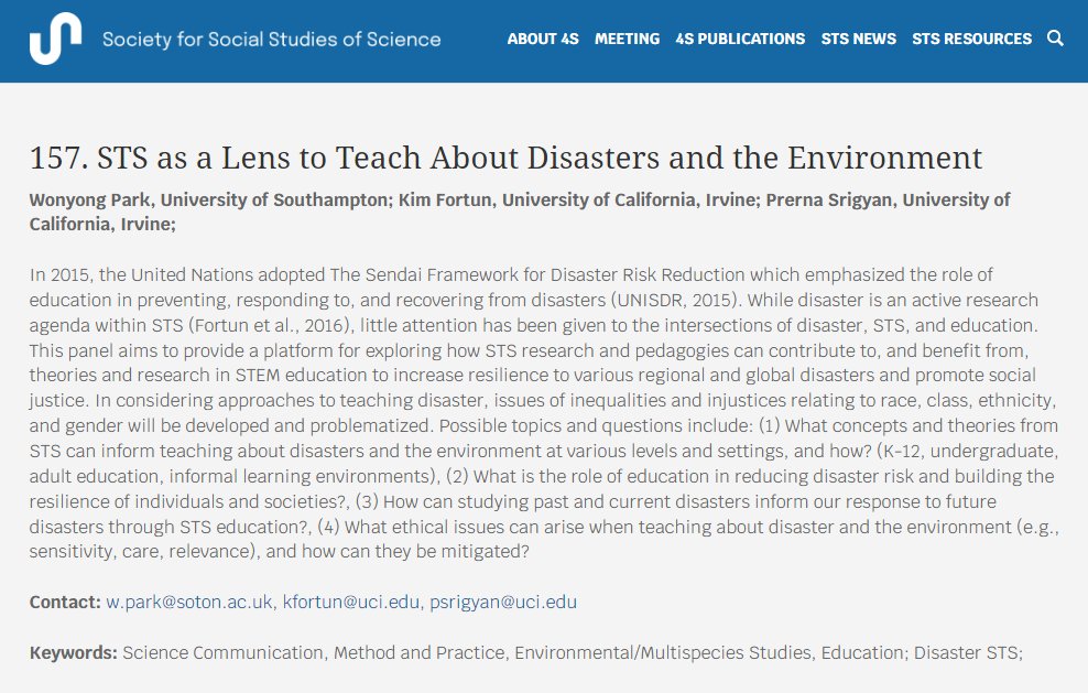 Wonyong Park (@wonyongpark89) on Twitter photo I am co-organising (with <a href="/prernasrigyan/">Prerna Srigyan</a> and Kim Fortun) an open panel on STS and environmental/disaster education at <a href="/4sWeb/">The Society for Social Studies of Science</a> conference in Honolulu (in November). Submit your 250-word abstract by 26th May! <a href="/ecogovlab/">UCI EcoGovLab</a> @MSHEsoton <a href="/SotonEd/">Southampton Education School</a> 4sonline.org/news_manager.p… I am co-organising (with <a href="/prernasrigyan/">Prerna Srigyan</a> and Kim Fortun) an open panel on STS and environmental/disaster education at <a href="/4sWeb/">The Society for Social Studies of Science</a> conference in Honolulu (in November). Submit your 250-word abstract by 26th May! <a href="/ecogovlab/">UCI EcoGovLab</a> @MSHEsoton <a href="/SotonEd/">Southampton Education School</a> 4sonline.org/news_manager.p…