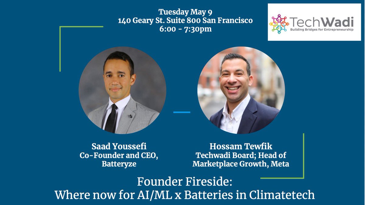 To tackle changes in climate we need innovative solutions! Come join us Tuesday May 9th for a free fireside chat in San Francisco to discuss opportunities in leveraging AI and Machine Learning for batteries with <a href="/S4ADYOU/">Saad Youssefi</a> and <a href="/Tewfikha/">Hossam Tewfik</a>
RSVP: eventbrite.com/e/founder-fire…