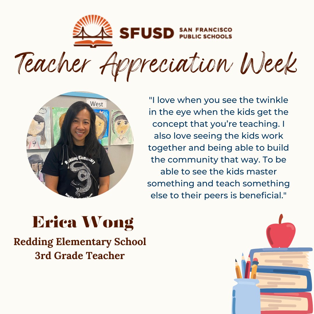 SFUnified's tweet photo. Meet Erica Wong, a 3rd grade teacher at Redding Elementary School. She’s an SFUSD alum teaching in her childhood neighborhood and loves seeing her students learn new things AND teach them to their peers.  🌟 #TeacherAppreciationWeek #ThankATeacher #WeAreSFUSD https://t.co/ffeUJCdME8