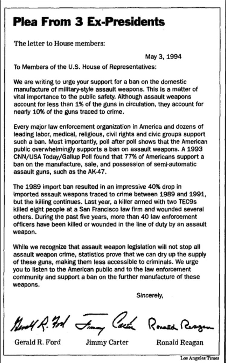 <a href="/PalmerLuckey/">Palmer Luckey</a> <a href="/zachweinberg/">Tweets from Zach Weinberg</a> Reagan was talking about the gun used in a mass shooting at a grade school in Stockton, California, just four weeks earlier. It was a semiautomatic AK-47, imports of which President Bush soon banned. Reagan then urged Congress to ban all military-style assault weapons in 1994.
