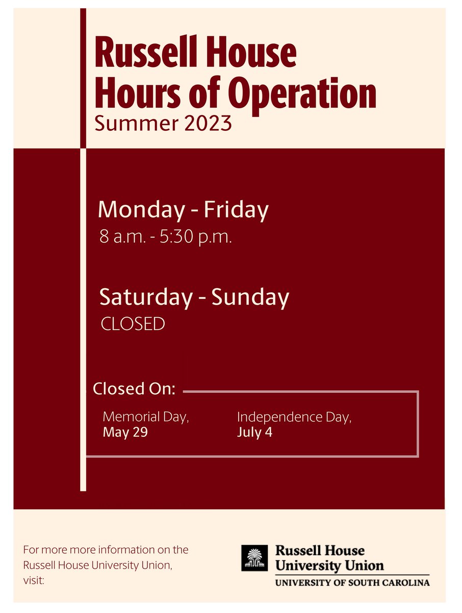Finals are over and it is officially summer operation hours here at the Russell House! 

We will be closed on Memorial Day, May 29th and Independence Day, July 4th.