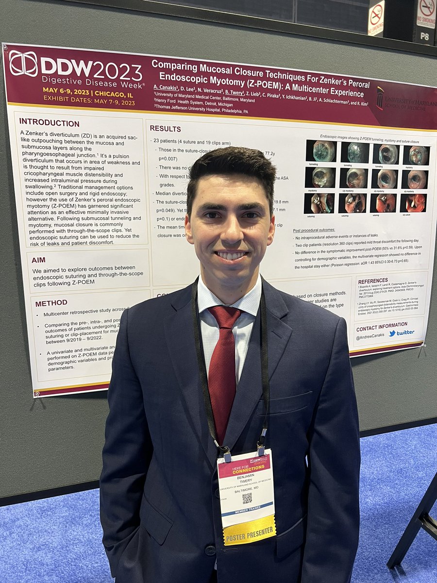 MarylandGastro's tweet photo. Great to see @BenTwery, PGY-1 at @UMInternalMed, present his multi-center comparative study on Z-POEM closure techniques at @DDWMeeting @ASGEendoscopy @AndrewCanakis @RaymondEunhoKim https://t.co/W1llDspbST