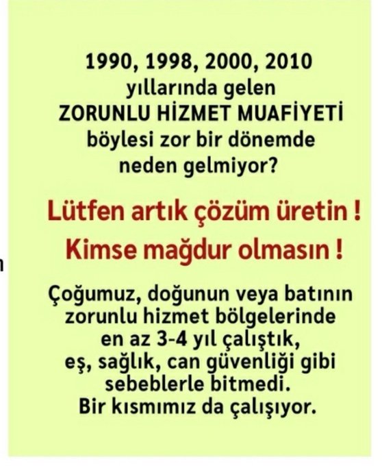 sebahat türkmen (@trkmntrkmn) on Twitter photo 13 yıl önce bugün 4. Kez zorunlu hizmet muafiyeti geldi. Hiç doğuya gitmeyen bile muaf oldu. O günden sonra atananlar hala mağdur.
<a href="/RTErdogan/">Recep Tayyip Erdoğan</a> <a href="/prof_mahmutozer/">Mahmut Özer</a> <a href="/kamilaydinmhp/">Prof.Dr.Kamil Aydın</a> <a href="/buyukataman/">İsmet Büyükataman</a> <a href="/NazimMavis/">Dr. Nazım Maviş</a> <a href="/oerdem42/">Orhan Erdem</a> @latif_selvi <a href="/_aliyalcin_/">Ali YALÇIN</a> <a href="/TalipGeylan06/">Talip Geylan</a>
#Tam13yıloldu 13 yıl önce bugün 4. Kez zorunlu hizmet muafiyeti geldi. Hiç doğuya gitmeyen bile muaf oldu. O günden sonra atananlar hala mağdur.
<a href="/RTErdogan/">Recep Tayyip Erdoğan</a> <a href="/prof_mahmutozer/">Mahmut Özer</a> <a href="/kamilaydinmhp/">Prof.Dr.Kamil Aydın</a> <a href="/buyukataman/">İsmet Büyükataman</a> <a href="/NazimMavis/">Dr. Nazım Maviş</a> <a href="/oerdem42/">Orhan Erdem</a> @latif_selvi <a href="/_aliyalcin_/">Ali YALÇIN</a> <a href="/TalipGeylan06/">Talip Geylan</a>
#Tam13yıloldu