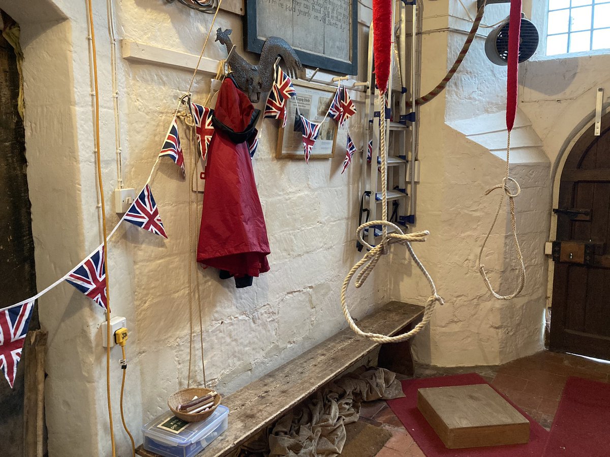 PurpleMastodon's tweet photo. Festive bunting for #RingfortheKing #Shrawley @CofEWorcester managed two extended touches of 480 changes each- longest most of us have managed since before covid https://t.co/q9lVHJmnbj