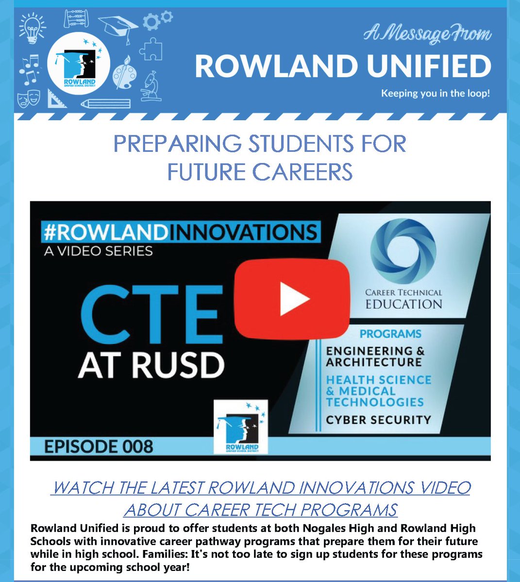 Hot off the press! Don't miss the latest RUSD News featuring our new video on RUSD's Career Technical Programs at @NogalesNobles and @rowlandhs! @RUSDCTE #WeAreRUSD Video: youtube.com/watch?v=3R-PBW… RUSD News: conta.cc/3HQVDmu