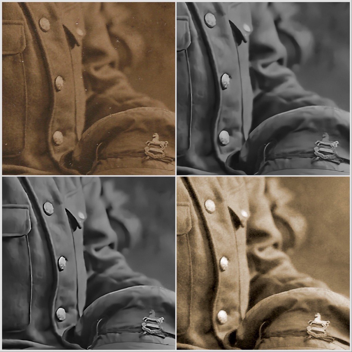 editbadger's tweet image. New AI neural filter in Photoshop. This is my great great uncle killed in 1917. Top left is original, top right ai filter applied and some detail restored, bottom left is sharpened. Bottom right a manual restoration I did years ago #Photoshop #PhotoRestoration #NeuralFilter #WWI