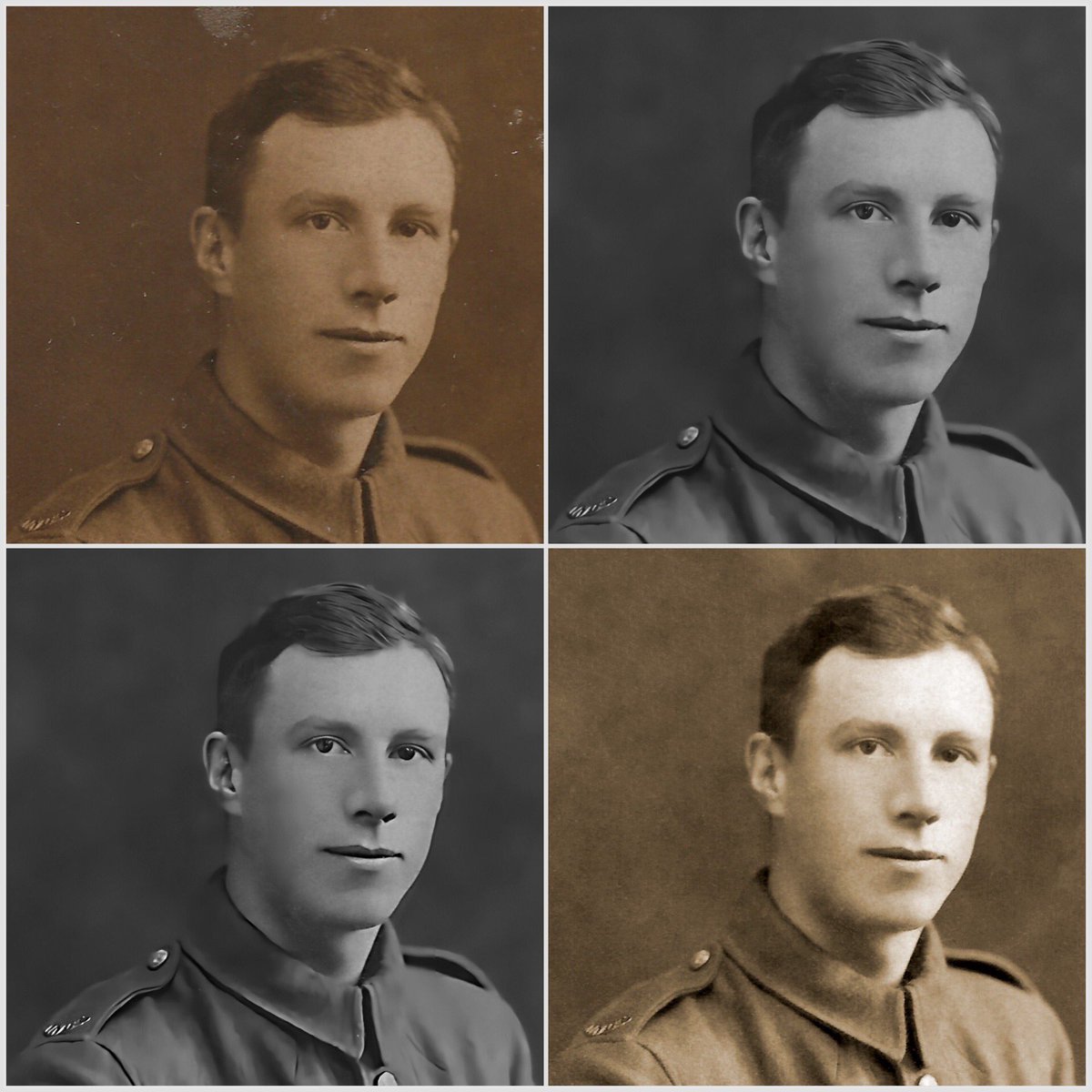editbadger's tweet image. New AI neural filter in Photoshop. This is my great great uncle killed in 1917. Top left is original, top right ai filter applied and some detail restored, bottom left is sharpened. Bottom right a manual restoration I did years ago #Photoshop #PhotoRestoration #NeuralFilter #WWI