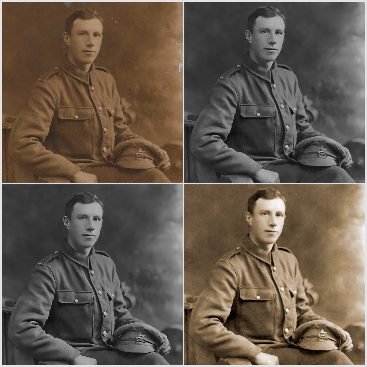 editbadger's tweet image. New AI neural filter in Photoshop. This is my great great uncle killed in 1917. Top left is original, top right ai filter applied and some detail restored, bottom left is sharpened. Bottom right a manual restoration I did years ago #Photoshop #PhotoRestoration #NeuralFilter #WWI