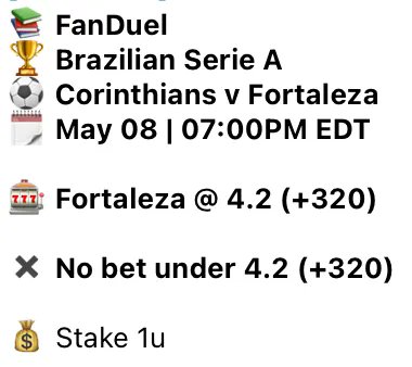 🚨 Our latest pick comes from 🇧🇷 Brazil, featuring Corinthians v Fortaleza.

We have identified a great value bet, and the odds have dropped significantly. 

Let's bring that money home with Fortaleza! 💪⚽️ 

#BrazilianSerieA