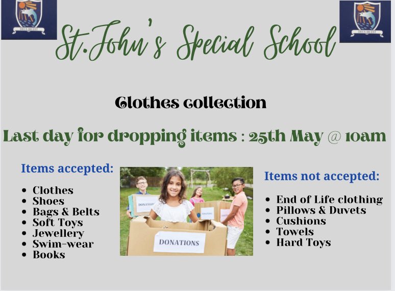 KFerncombe's tweet photo. If the hours don’t suit to drop between 8:30-2:40pm pop the page a message and we’ll look after https://t.co/eutPA7grjt.John’s Special School  Dungarvan Co.Waterford is holding a clothes collection to try raise funds for a hydro therapy pool. https://t.co/skngScZGRl