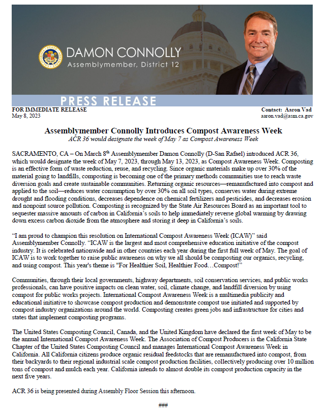 AsmConnolly's tweet image. I am proud to champion this resolution on #InternationalCompostAwarenessWeek. This year&apos;s theme is &quot;For Healthier Soil, Healthier Food…Compost!” @cawrecycles 

Read more here: a12.asmdc.org/press-releases
