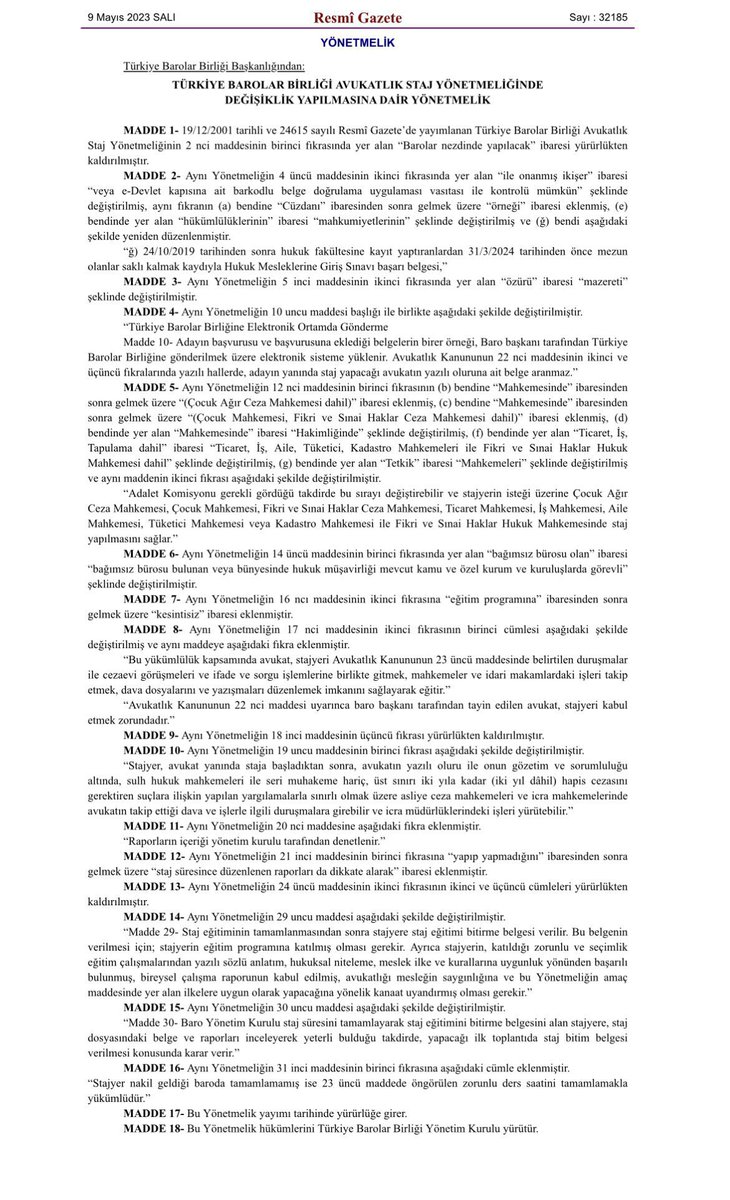 mahkemekararlar's tweet image. Resmi Gazete&apos;de

&quot;Türkiye Barolar Birliği Avukatlık Staj Yönetmeliğinde Değişiklik Yapılmasına Dair Yönetmelik&quot; yayınlandı.