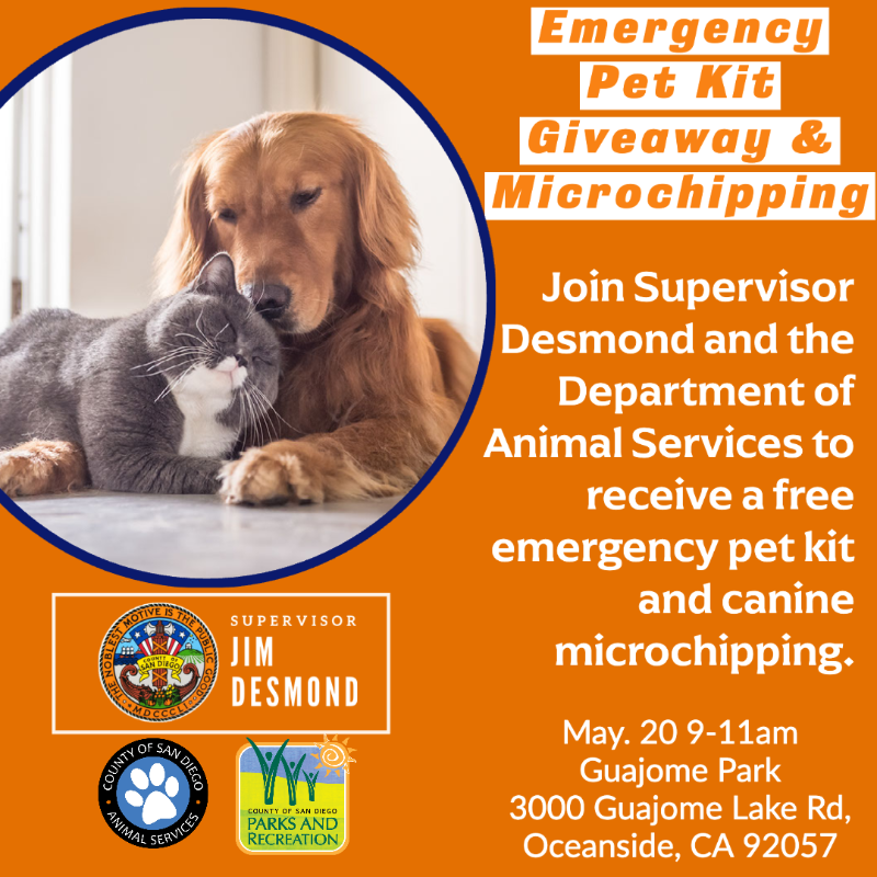 jim_desmond's tweet photo. If you're a pet owner, having a plan for your furry friend during an emergency is crucial. That's why Supervisor Desmond and The Department of Animal Services are offering free emergency pet kits and microchipping to help keep your pets safe. https://t.co/a5iqhSiP4C