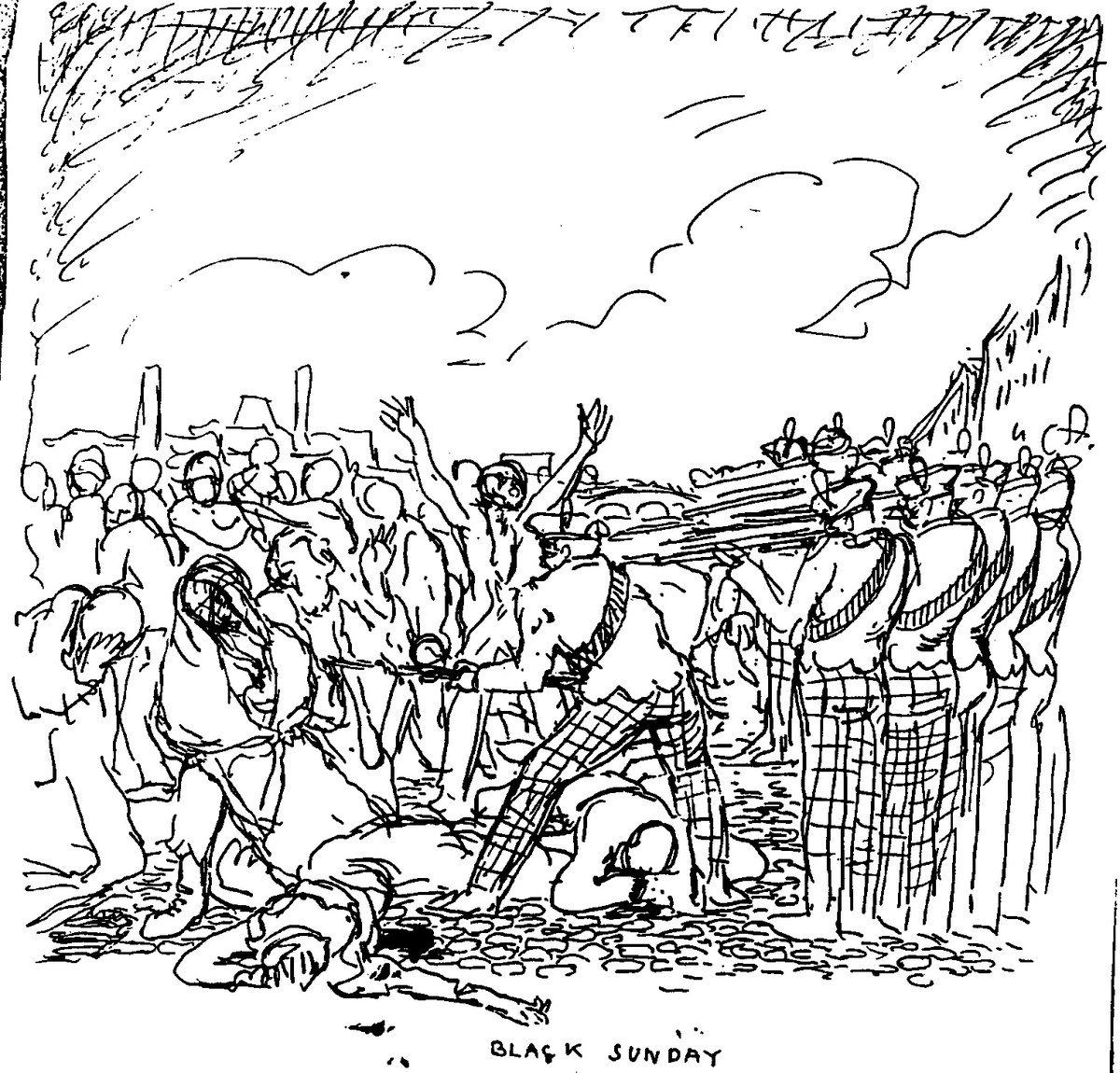 Sir William Orpen's sketch 'Black Sunday' (Bachelor's Walk, Dublin, 26th July 1914) when the King's Own Scottish Borderers shot citizens after the Howth gun-running operation. Based on Goya's 'Third of May' which depicts Spanish freedom fighters massacred by the French in 1808. https://t.co/lCYnJIgUaU