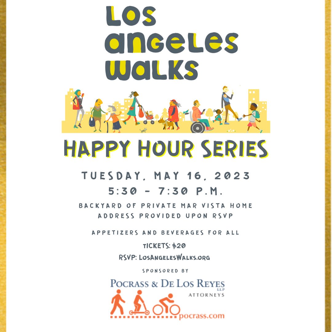 LosAngelesWalks's tweet image. Did you miss out on our last pedestrian 🚶‍♀️🚶🏽 Happy Hour? Fear not! Next Tuesday is the second happy hour in our series! This time, we're hosting at a friend's home in Mar Vista so be sure to get your tickets 🎟, which include free drinks + food! losangeleswalks.org/happyhours_rsvp