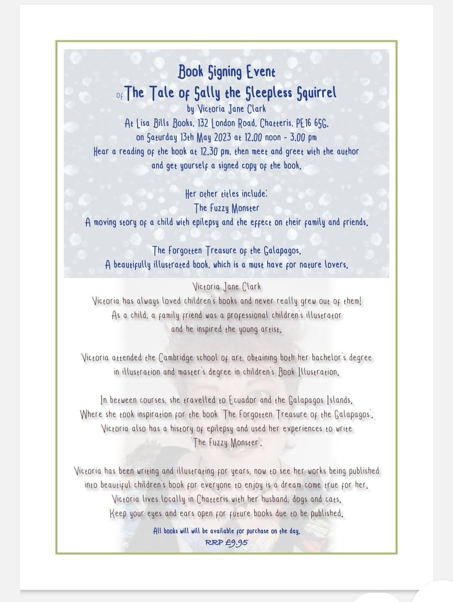 Mrs_V_Clark's tweet photo. Don't miss it!

This Saturday from 12-3pm, I am launching my brand new book of love, joy and unconventional families: 'The Tale of Sally the Sleepless Squirrel' suitable for ages 2 and over. https://t.co/dKysVxrhSX